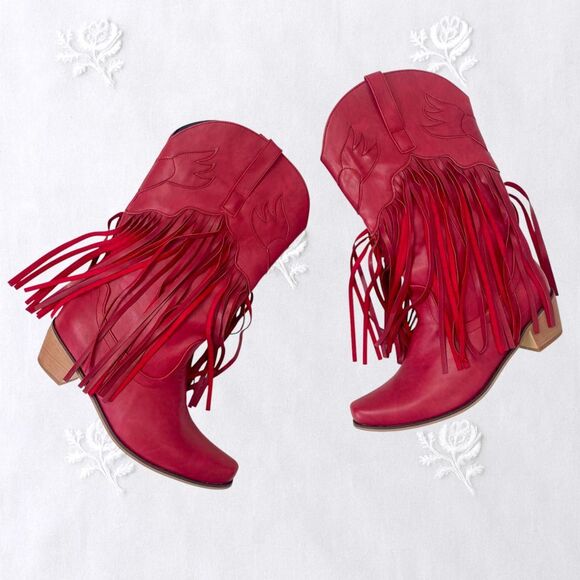 Shoes - NEW Western Burgundy Red Faux Leather Fringe Mid Calf Cowboy Boots US 8.5